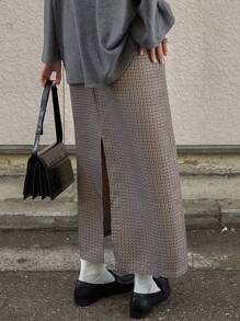 FRIFUL 女士格纹直筒厚裙，适合秋冬季 - 卡其色 - 查看 2