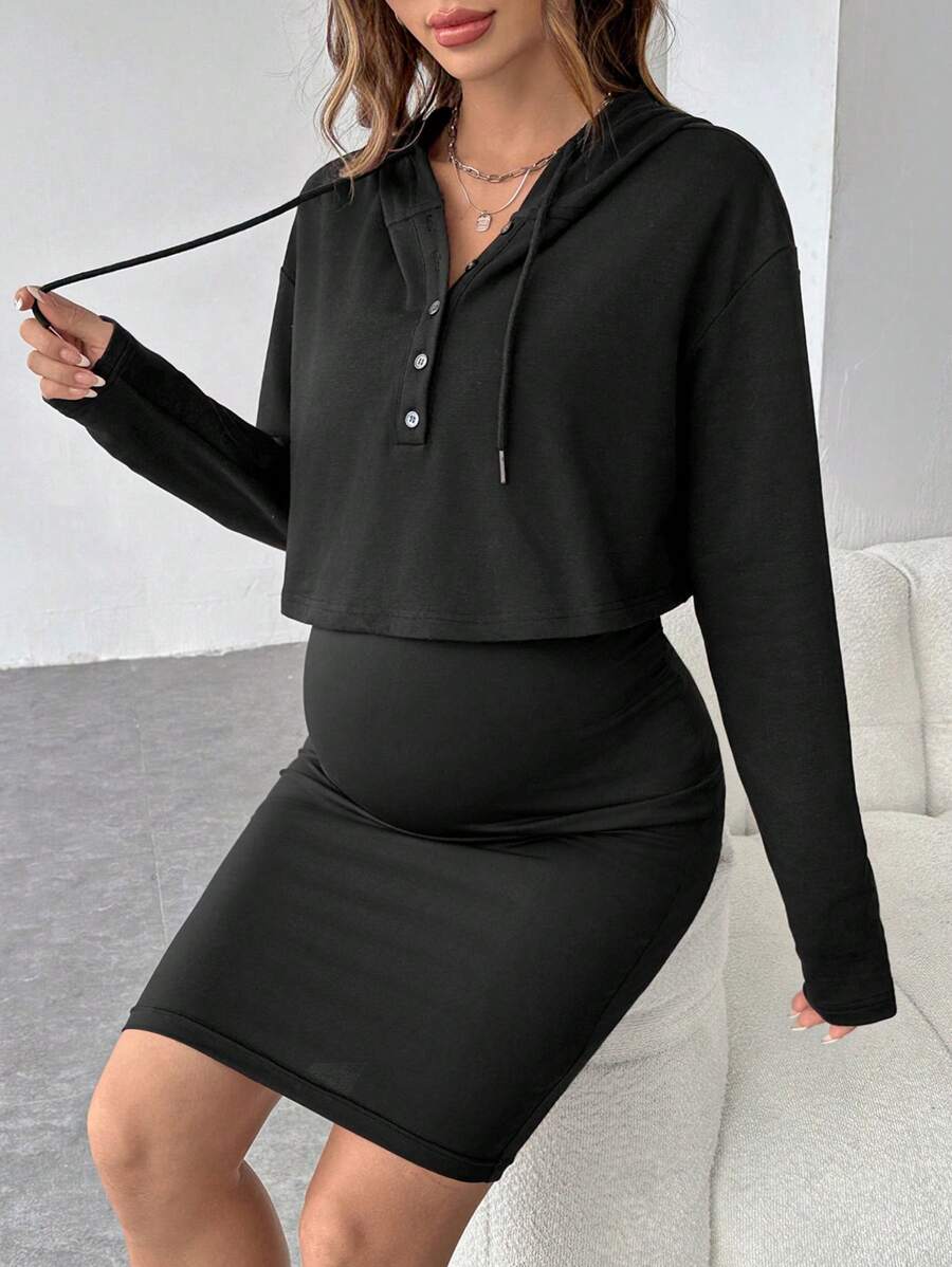 SHEIN 2 件装孕妇装女式拉链连帽运动衫和紧身长裙孕妇装 - 黑色 - 查看 1