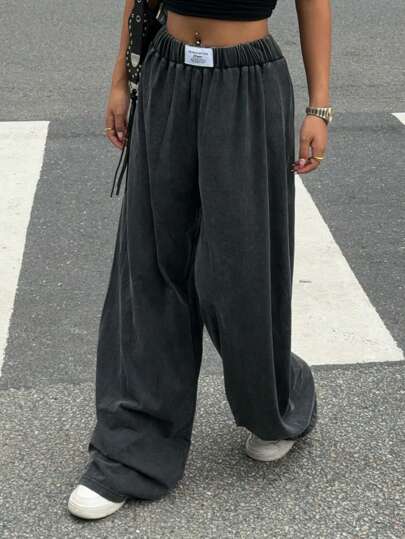 Muchica Casual Vintage Faded Acid-Washed Wide Leg Sweatpants For Women
