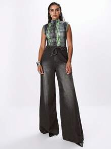 MUSERA High Neck Printed Bodysuit With Shoulder Pads Sexy Club Spring Summer Vacation - Multicolor - View 4