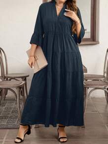 SHEIN LUNE Đầm chữ A dài cổ chữ V trơn mùa hè cỡ lớn cho nữ - Màu xanh hải quân - Xem 4