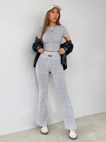 SHEIN PETITE 纯色针织拼布休闲两件套适合秋冬季 - 灰色 - 查看 3