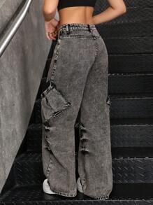 SHEIN Teen Girls Y2K Punk Fashion Stonewashed Flap Pocket Denim Wide Leg Cargo Jeans Pants, Girls Fall Clothes Back To School Streetwear Outfits