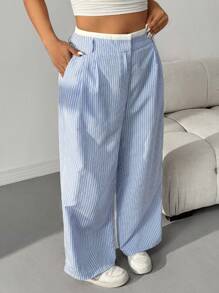 SHEIN EZwear Pantalones rectos con cintura a rayas azules y blancas en talla grande