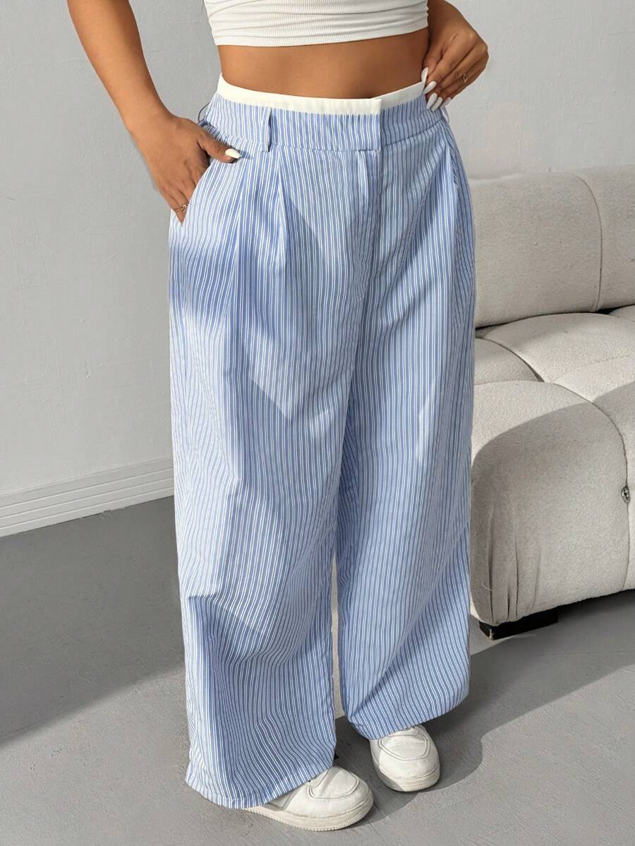 SHEIN EZwear Pantalones rectos con cintura a rayas azules y blancas en talla grande