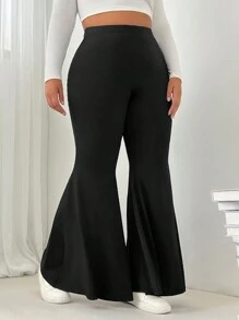 SHEIN EZwear Plus Size Women Black Flare Leg Casual Pants - Black - View 5