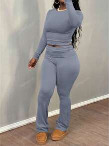 Women's Solid Color Crew Neck Long Sleeve T-Shirt And Pants Casual Set, Spring/Summer