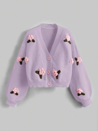 ROMWE Kawaii Women's Casual Floral Embellished Front Button Long Sleeve Cardigan