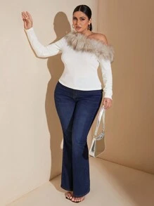 SHEIN BAE 大码女式毛茸茸拼布不对称肩长袖休闲衬衫，适合冬季 - 白色 - 查看 7