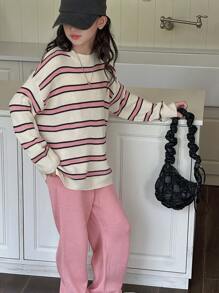 Dazy Kids Tween Girl Striped Crewneck Sweater Set, Fall Clothing - Pink - View 5