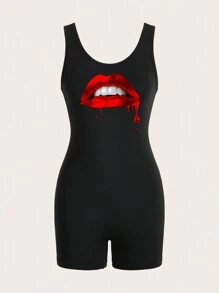 Slaydiva Casual Simple Sexy Lip Print Short Bodycon Jumpsuit For Women, Suitable For Summer Suitable For Going Out