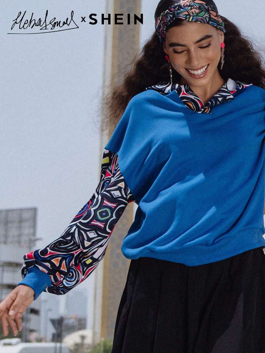 Seusyu Women's Patchwork Printed Long Sleeve Hooded Casual Sweatshirt, Fall/Winter, Casual Comfy Pullover Top - Royal Blue - View 1