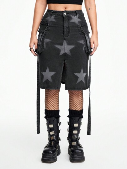 Grunge Punk Minifalda vaquera de mujer de alto estiramiento con estampado de estrella punk