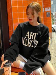 DAZY 圆领字母印花基本款卫衣，休闲日常穿着，长袖上衣，秋装 - 黑色 - 查看 5