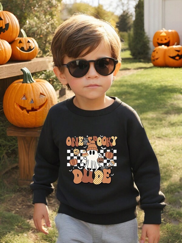 Young Boys Fashionable And Comfortable Halloween Graphic Print Round Neck Sweatshirt