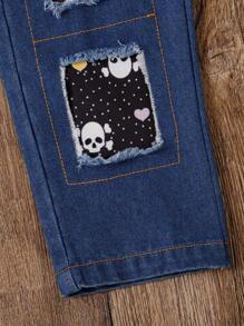 SHEIN 年轻女孩 2 件套黑色骨骼印花长袖上衣和蓝色长裤套装，秋冬 - 彩色 - 查看 5