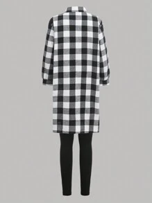 3pcs Tween Girls' Casual Black White Plaid Long Shirt, Round Neck Tank Top & Pants Outfit, Suitable For Spring Fall Winter
