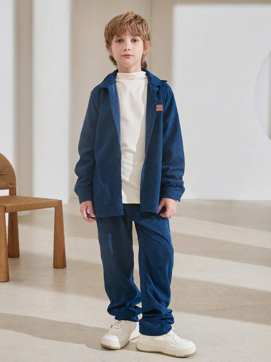 SHEIN 男大童字母補丁細節襯衫和褲子不帶T恤 - 藍色 - 查看 1