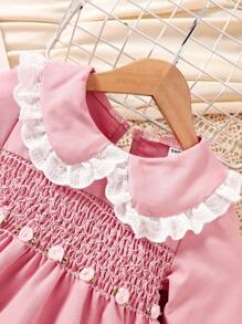 SHEIN Baby Girl Solid Color Patchwork Long Sleeve 3D Floral Decor Dress - Pink - View 3