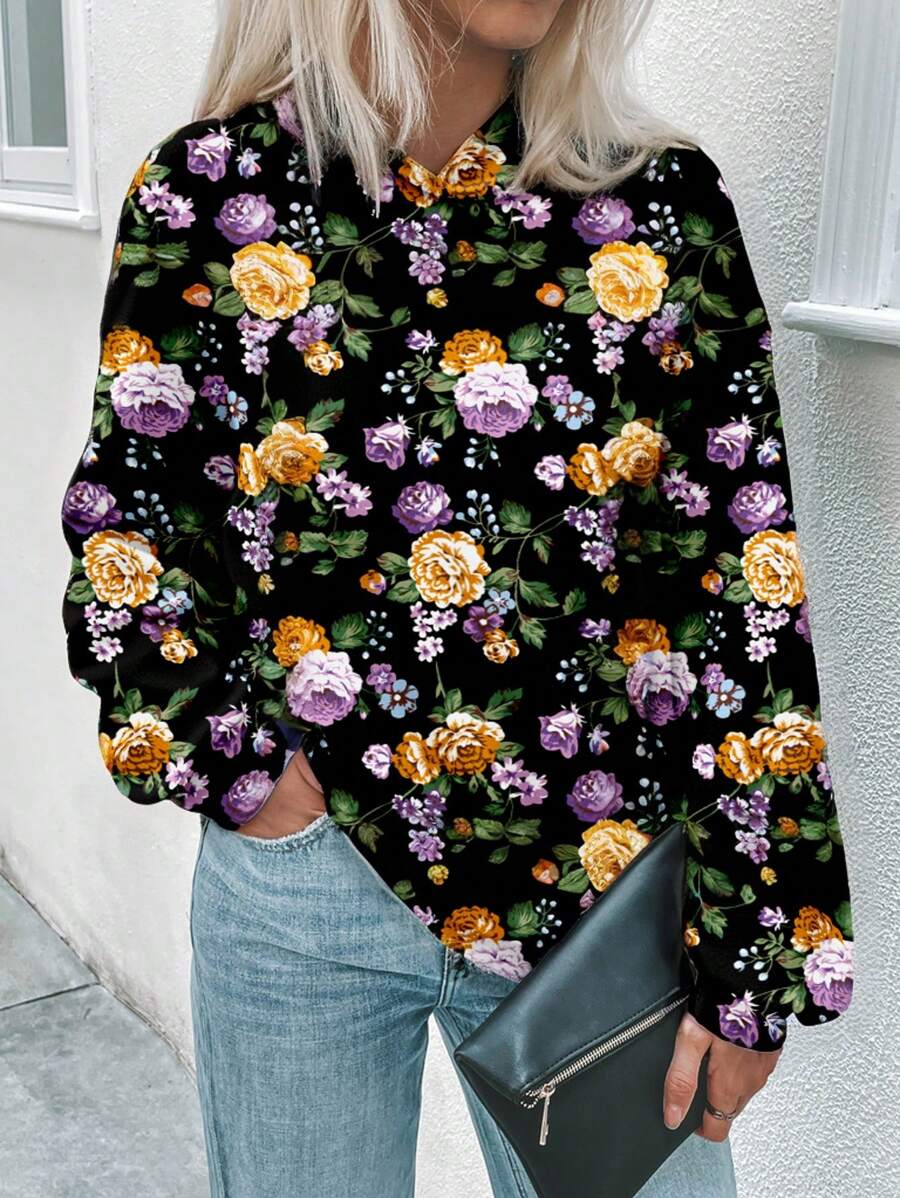 SHEIN LUNE 大码女式休闲简约浪漫花卉全印花长袖连帽衫，适合秋冬季 - 彩色 - 查看 1