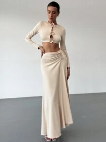 Aloruh 2 chiếc/bộ Áo thun co giãn họa tiết hoa 3D mới & Chân váy midi chữ A trang phục thường ngày thu đông - màu nâu - Xem 1