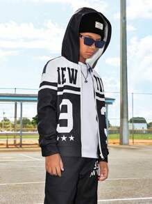 2 piezas Conjunto informal de sudadera y pantalón de chándal con patchwork para niños adolescentes