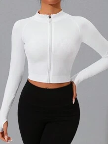 Long Sleeve Zipper Fitted Cropped Sport Jacket - White - View 6