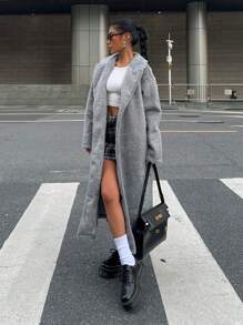 SHEIN EZwear Áo khoác thường ngày dài tay mềm mại cơ bản cho nữ, mùa đông - Xám - Xem 6