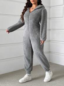 SHEIN EZwear Plus Size Hooded Fleece Jumpsuit, Autumn & Winter