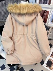 Abrigo medio holgado y cómodo de color beige para niña preadolescente, con capucha forrada y peludo cuello con bolsillos, abrigado para otoño e invierno