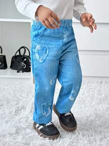SHEIN Explorewe Baby Mädchen Gerade Hose mit Jeans-Optik Muster