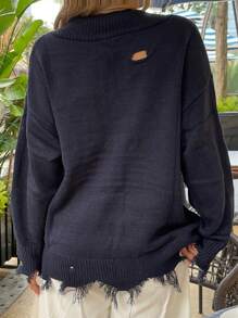 SHEIN EZwear Star Pattern Drop Shoulder Distressed Trim Sweater - Navy Blue - View 2