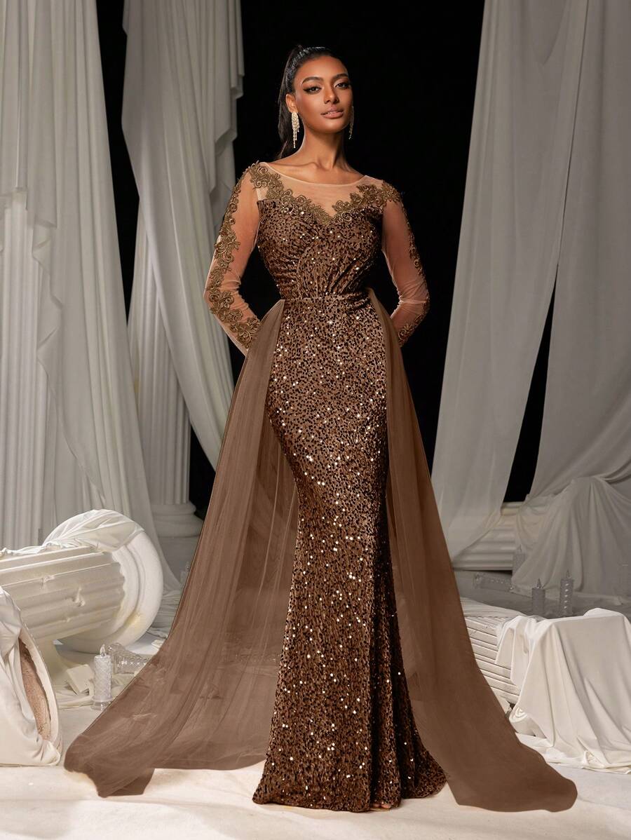 Elisanya Elegant Sequin-Glitter Mermaid Tail Gown With Floral Embroidery & Flowing Tulle Train | Luxury Evening Dress For Black Tie Galas, Weddings - Rust Brown - View 1