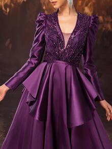 YISIKADO Women's Formal Ball Gown, Luxurious Satin & Mesh Beaded Puff Sleeve Evening Dress, Long Sleeve Prom Dress, For Wedding Guest, Graduation, Dinner - Purple - View 6