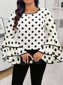 Celure Plus Size Elegant Ruffle Sleeve Blouse - Black and White - View 4