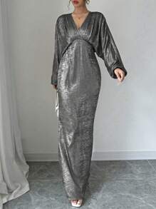 Elenzga 优雅 V 领纯色长袖连衣裙 - 黑色 - 查看 4