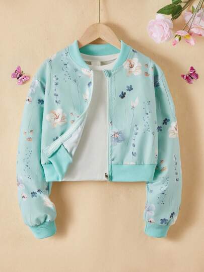SHEIN Vintaside Kids Tween Girl Floral & Leaf Print Short Bomber Jacket, Lightweight Autumn