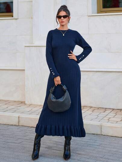 EURMUSE Vestido de suéter de punto acanalado largo con detalles de botones y dobladillo con volantes elegantes en las mangas