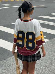 Muchica 女士新款字母和数字印花运动衫，适合观看比赛和返校时穿着 - 彩色 - 查看 2