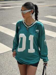 Muchica Women's New Number & Letter Printed Soccer T-Shirt, Back To School Casual Wear