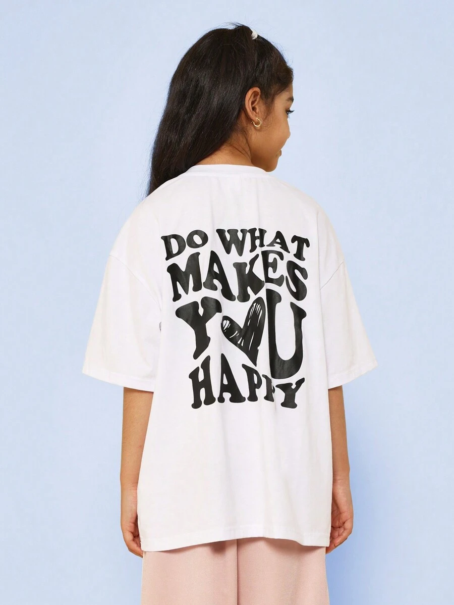 SUMWON Tween Girls Oversized Fit Tee With Heart & Back Graphic Print