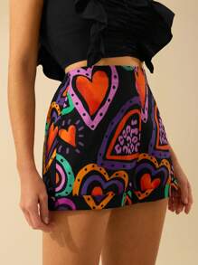 CAJUNI 女士彩色心形印花、波西米亚风印花黑色迷你短裤、假日休闲沙滩夏季短裤 - 彩色 - 查看 4