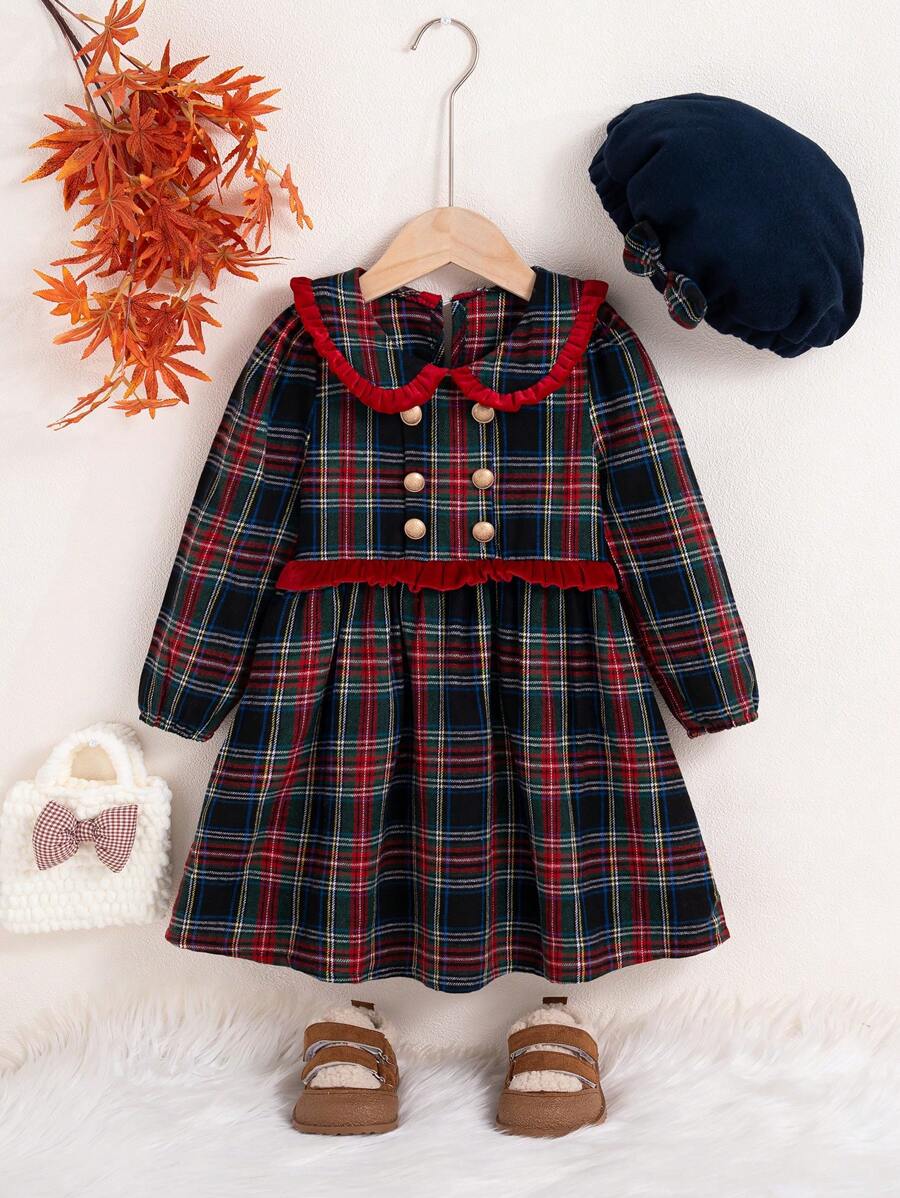 SHEIN Genkimix Kids Young Girls Plaid Peter Pan Collar Long Sleeve Dress - Red - View 1