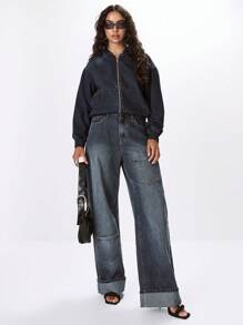 MUSERA Denim Zip Through Hooded Jacket Spring 90's Cute Summer Spring Streetwear - Black - View 4