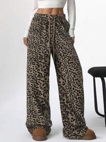 SHEIN EZwear 女士时尚抽绳直筒休闲街头豹纹裤 - 棕色 - 查看 4