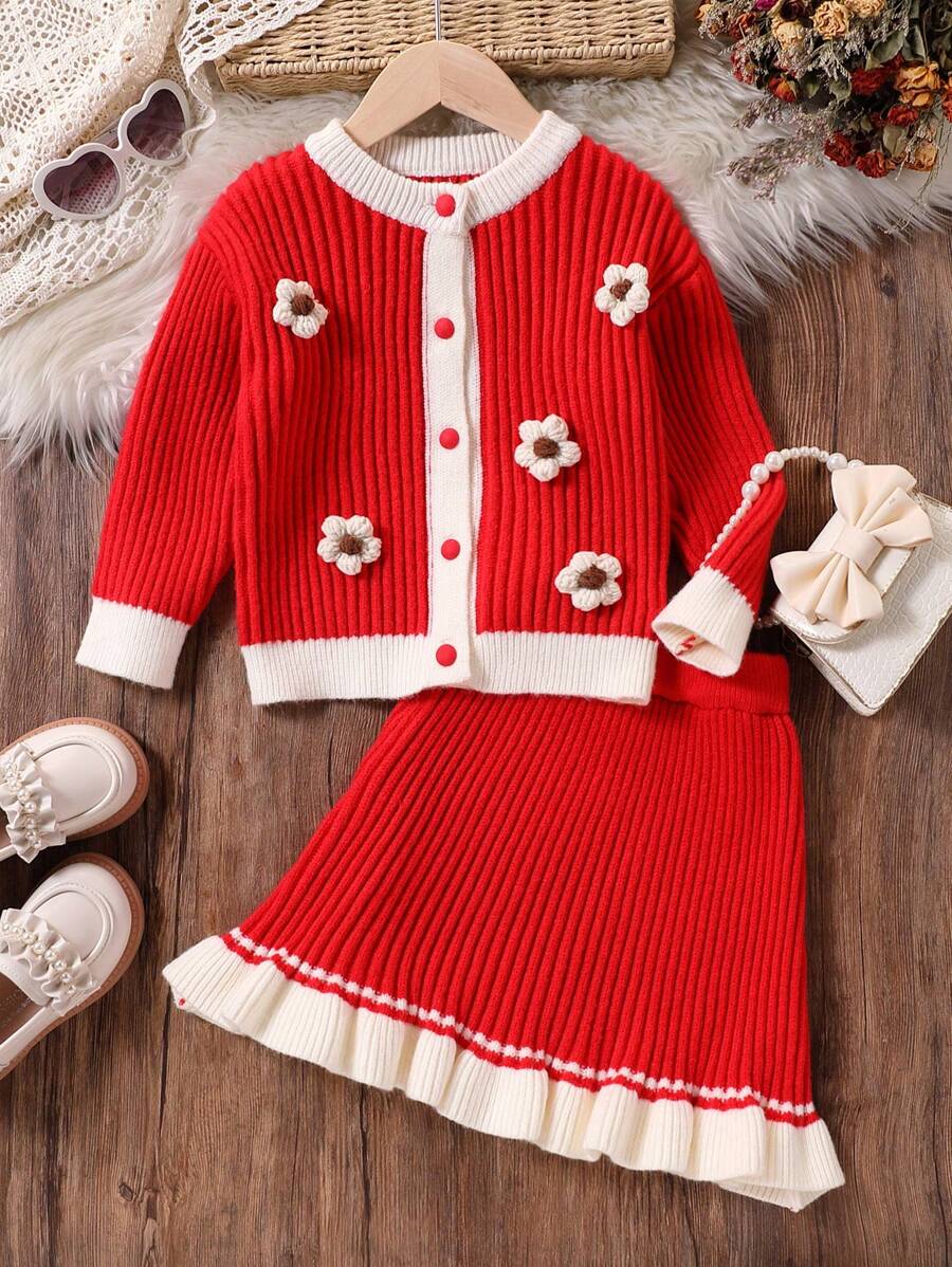 SHEIN 2pcs Girls Autumn Set, Child Floral Decor Cardigan Sweater And Ruffle Hem Skirt Red Knit Suit, Christmas Holiday Outfit - Red - View 1