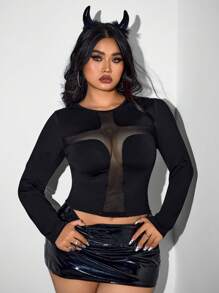 SHEIN ICON ICON Plus Size Women's Sexy Party Hollow Cross T-Shirt, Halloween Costume - Black - View 6