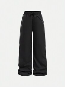 SHEIN Tween Girl  Contrast Piping Drawstring Waist Wide Leg Cargo Pants - Black - View 3