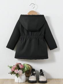 SHEIN Áo khoác dài vừa phải có mũ trùm đầu dày dặn cho bé gái, phù hợp mọi phong cách, mùa thu và đông - màu đen - Xem 2
