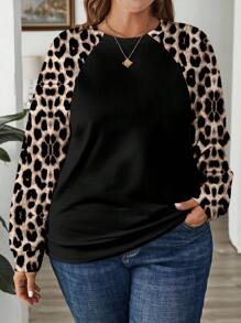 EMERY ROSE Casual Loose Fit Leopard Print Plus Size Crew Neck Long Sleeve Sweatshirt, Suitable For Summer - Black - View 1